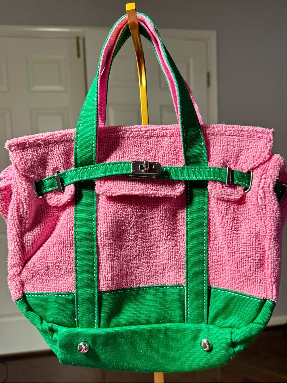NWOT Sunwin Madaket Terry Cloth Boatkin Mini Tote Pink Green